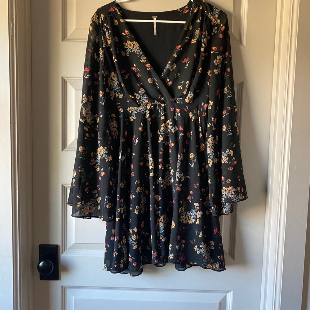 Free People Black Floral Mini Dress with Blue, Yellow, and Pink Accents